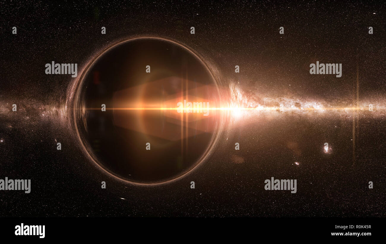 Buco nero con lente gravitazionale effetto e la Via Lattea Foto Stock