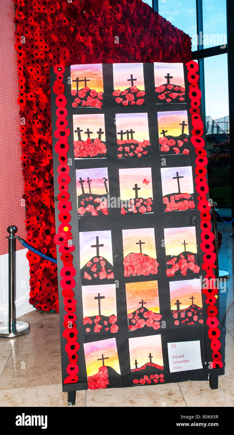 Poster commemorativo per commemorare i 100 anni dalla fine della guerra mondiale 1 progettato da i ragazzi della scuola media locale Blackpool Victoria Hospital England Regno Unito Foto Stock