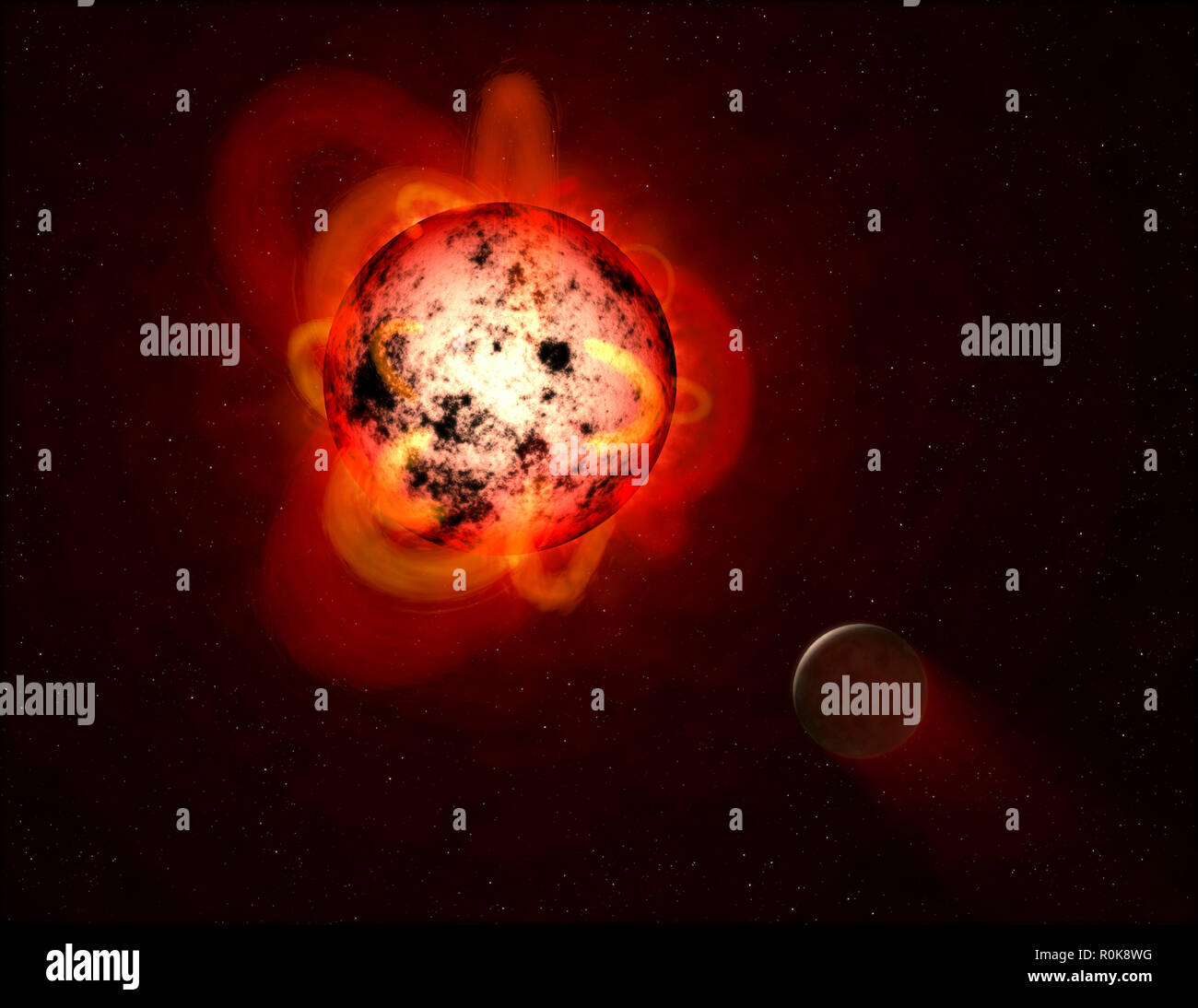 Questa illustrazione mostra una nana rossa stella orbitante da un ipotetico exoplanet. Foto Stock