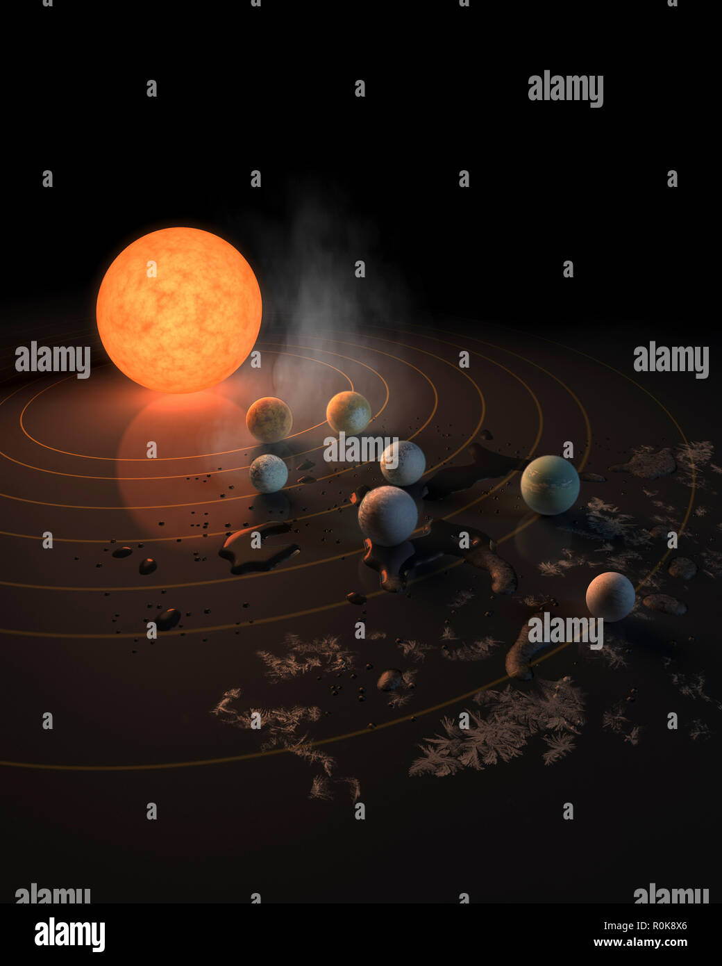 Artista concetto di cosa TRAPPIST-1's sette pianeti potrebbe essere simile in orbita intorno a loro stella. Foto Stock