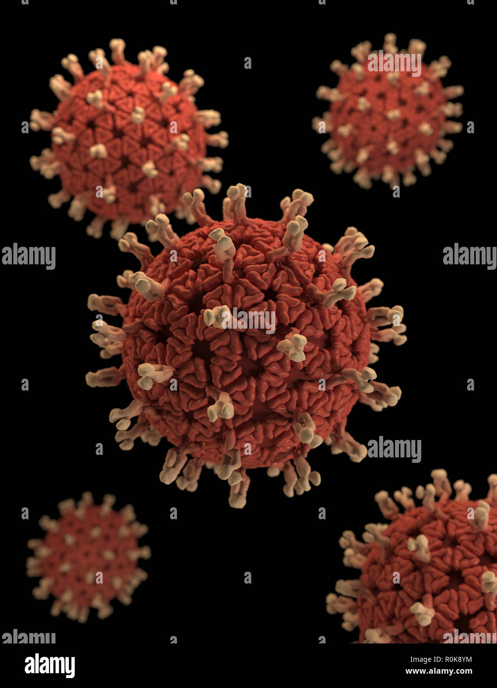 Una rappresentazione tridimensionale di virioni di rotavirus set contro uno sfondo nero. Foto Stock