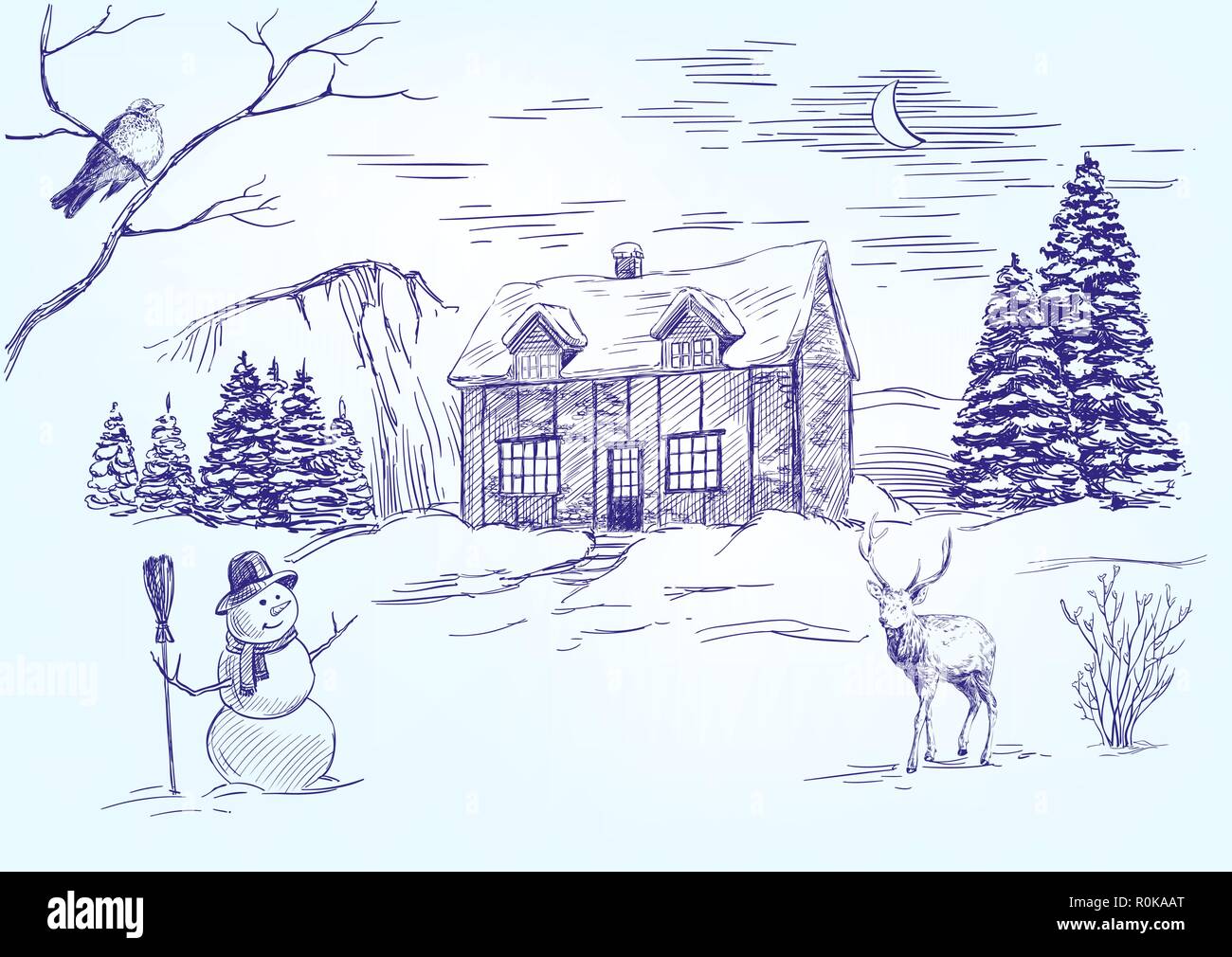 Notte di Natale- disegnati a mano llustration vettore schizzo Illustrazione Vettoriale