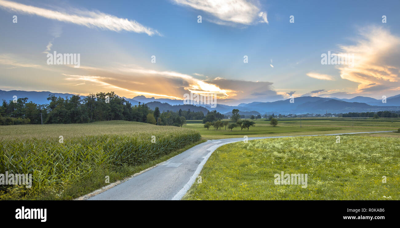 Campagna slovena il paesaggio con le Alpi Giulie sullo sfondo vicino a Bled Foto Stock