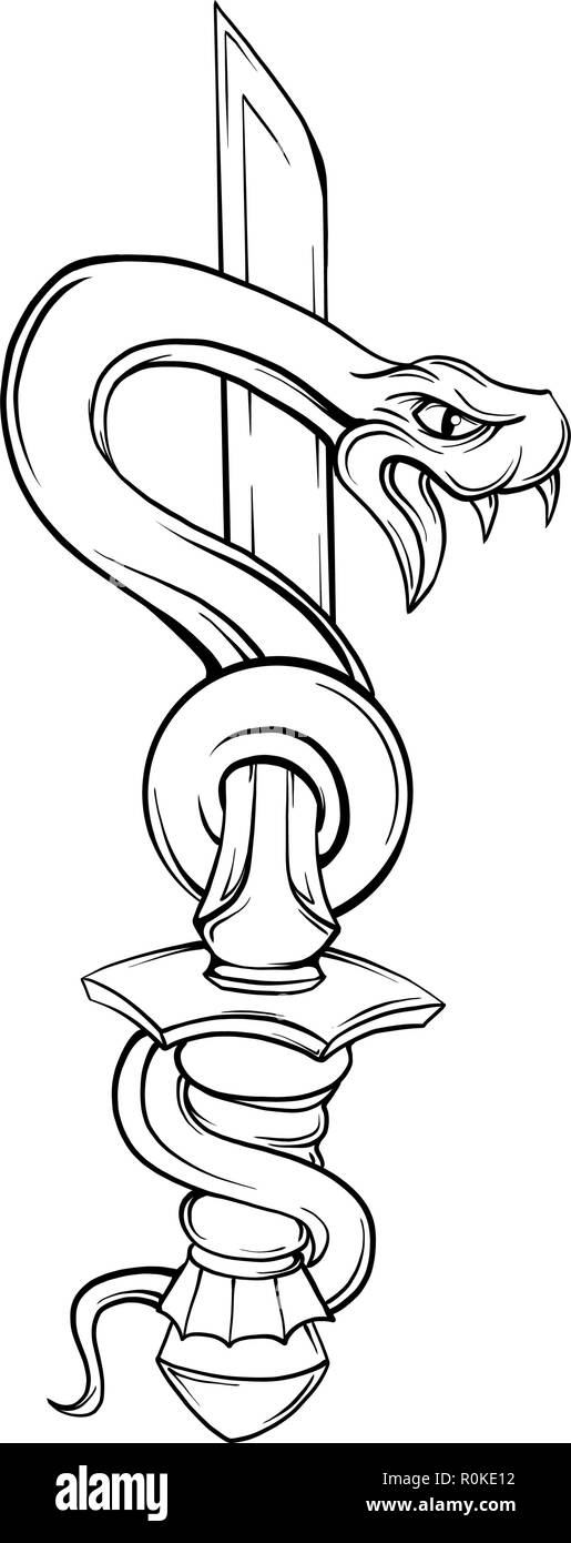 Il serpente con la spada. Old school tattoo stile. Elemento isolato su sfondo bianco. Illustrazione Vettoriale Illustrazione Vettoriale