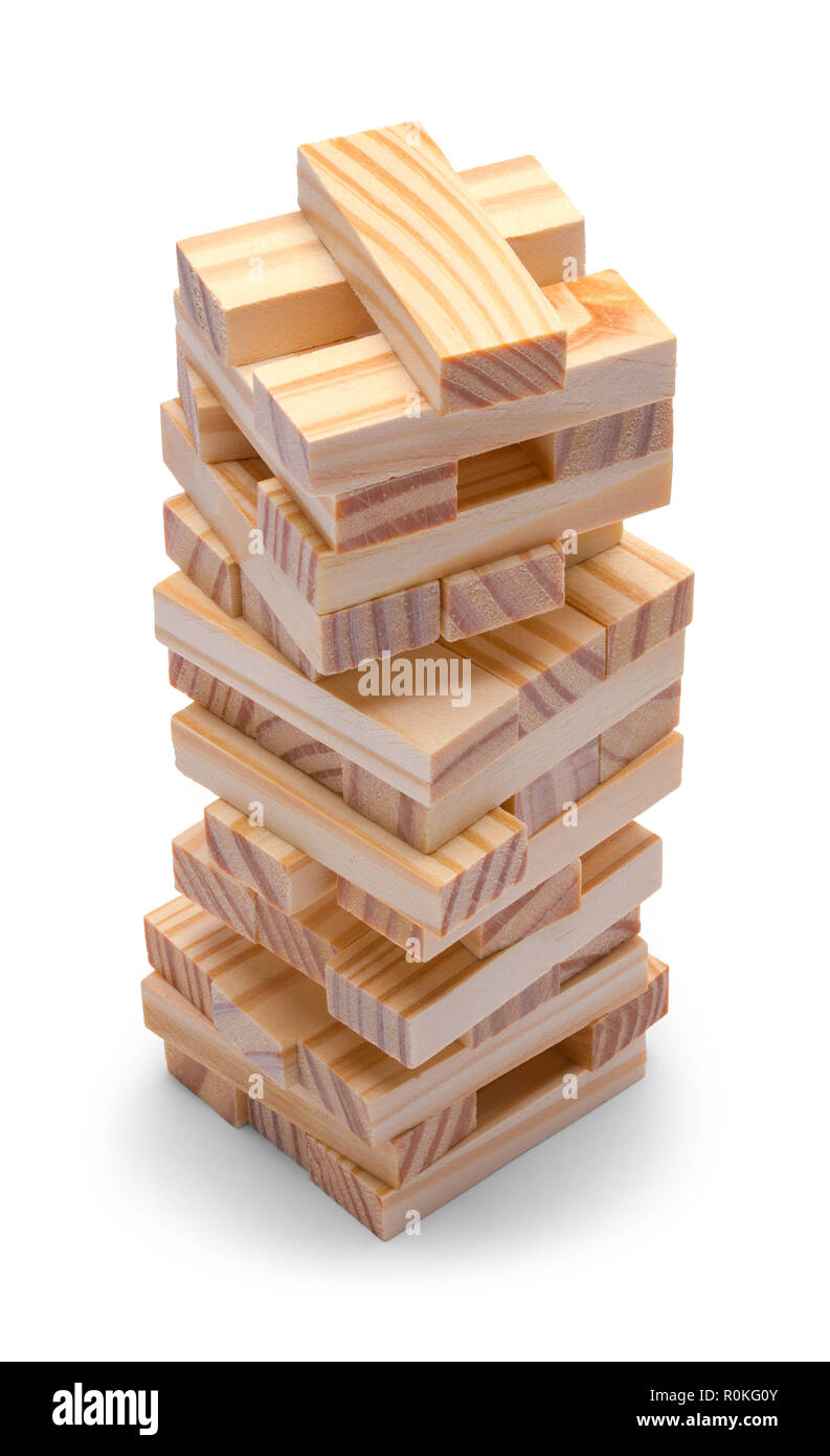 Pila di blocchi di legno isolato su sfondo bianco. Foto Stock