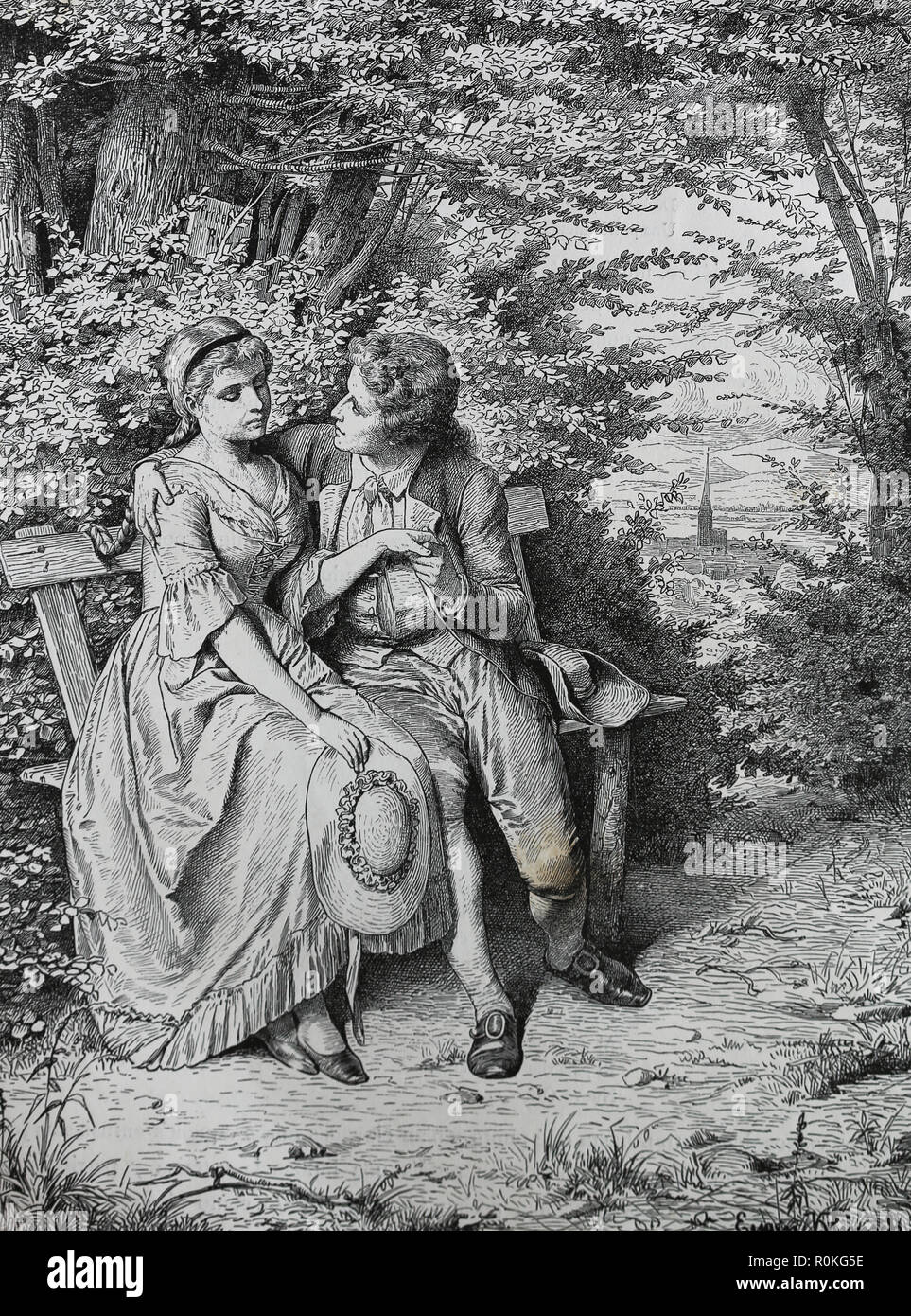 Scrittore tedesco Johann Wolfgang von Goethe (Francoforte sul Meno 1749 - Weimar 1832) con Friederike Brion (1752-1813). Engravin di germanio, 1882. Foto Stock