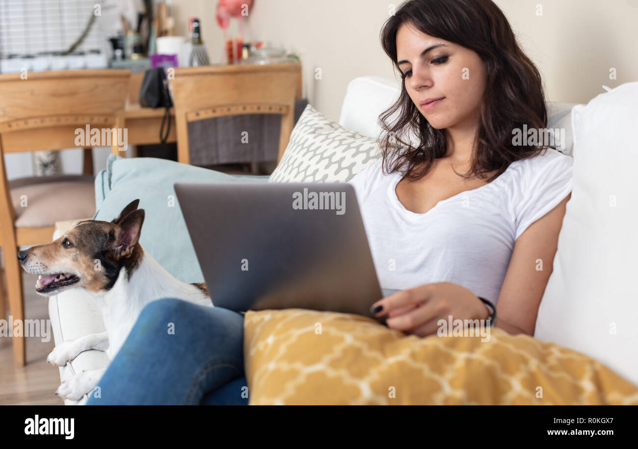Attraente giovane donna relax su un divano con un computer portatile mentre poco jack russell che giace accanto a lei su un soggiorno Foto Stock