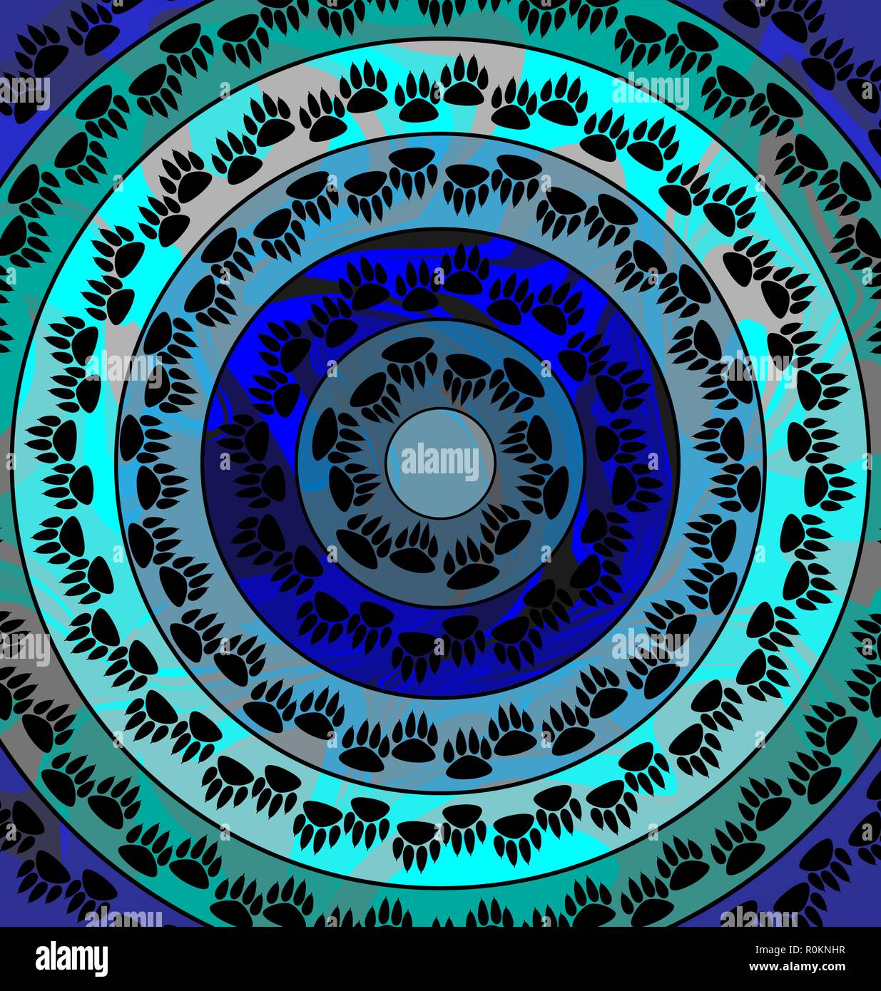 Colore blu immagine di cerchi costituito da linee, ornamento e stampa di animali domestici il piede Illustrazione Vettoriale