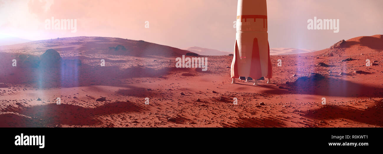 Paesaggio sul pianeta Marte, astronave atterraggio sul pianeta rosso sulla superficie Foto Stock