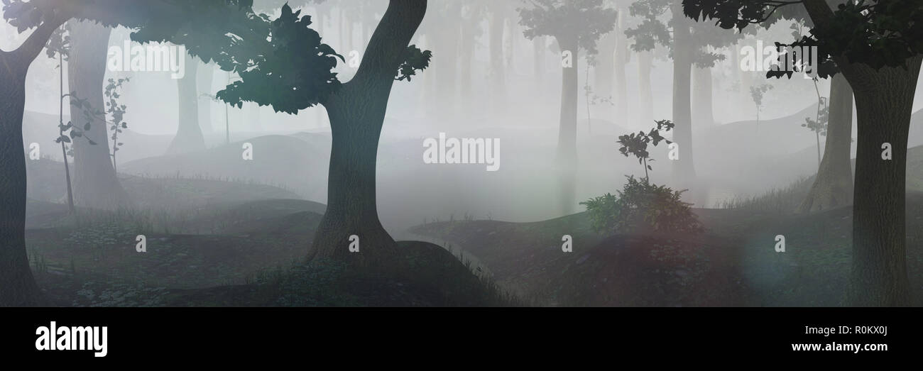 Foggy fantasy forest con stagni Foto Stock