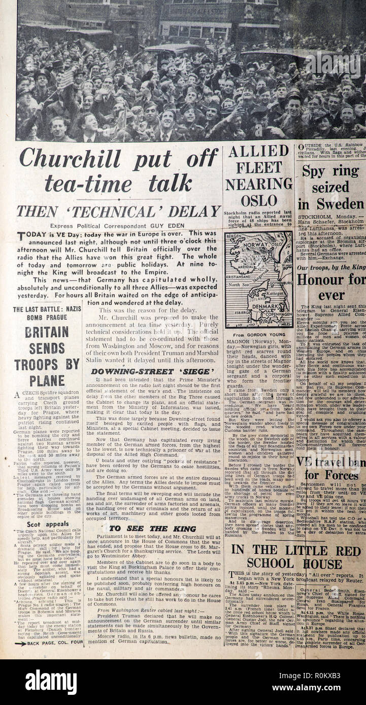 'Churchill Mut off tea-time talk' Daily Express VE Day Seconda Guerra Mondiale 2 WWII Archivio quotidiano Daily Express articolo London England UK 8 Maggio 1945 Foto Stock