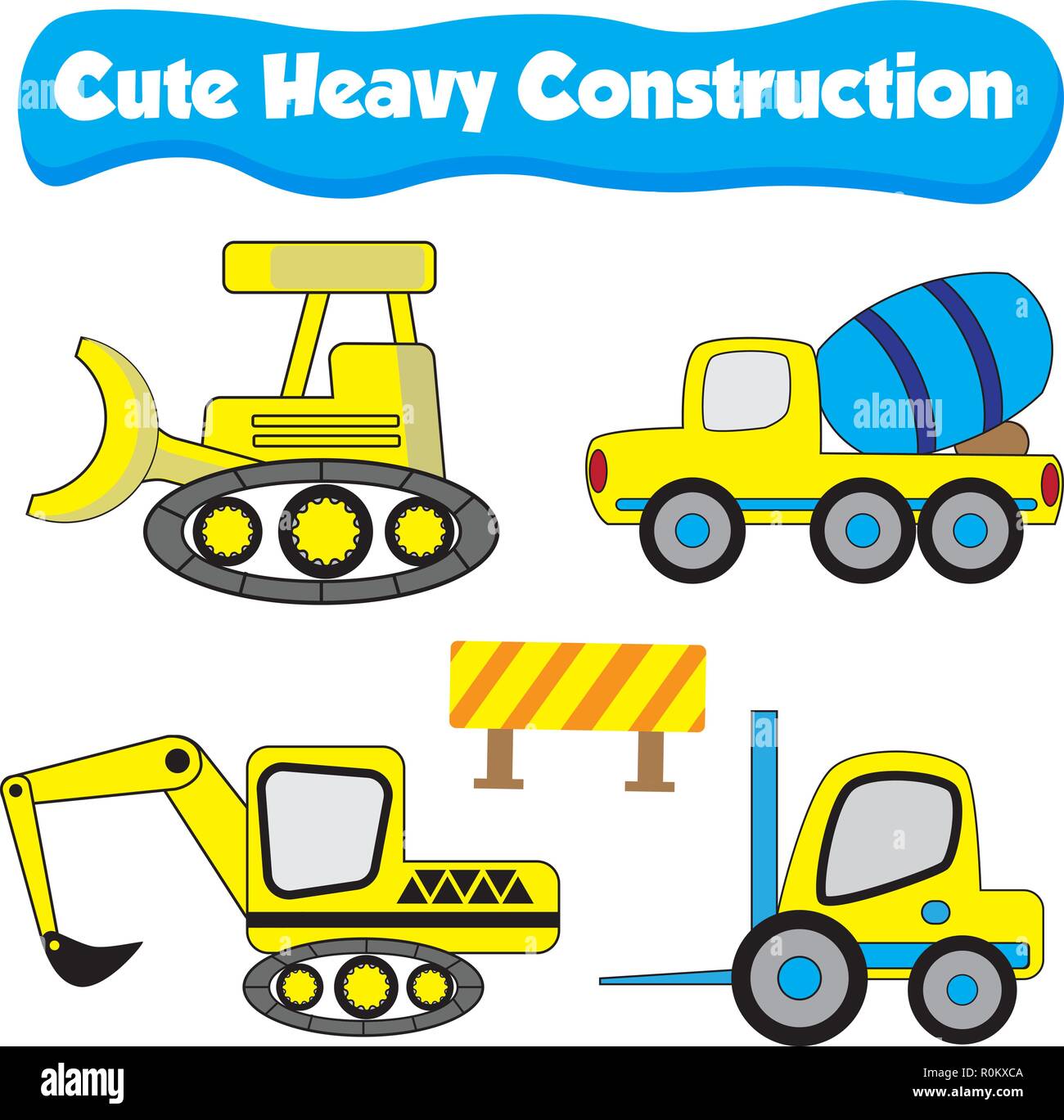 Carino illustrazione di un carrello per la costruzione pesante con gru, escavatore bulldozer, il trattore e il carrello in design piatto per una infografica industriale Illustrazione Vettoriale
