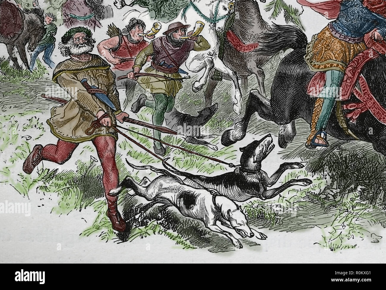 Periodo Carolingio. L'Europa. Festa di caccia. Cani da Caccia. Incisione, Germania, 1882. Dettaglio. Foto Stock