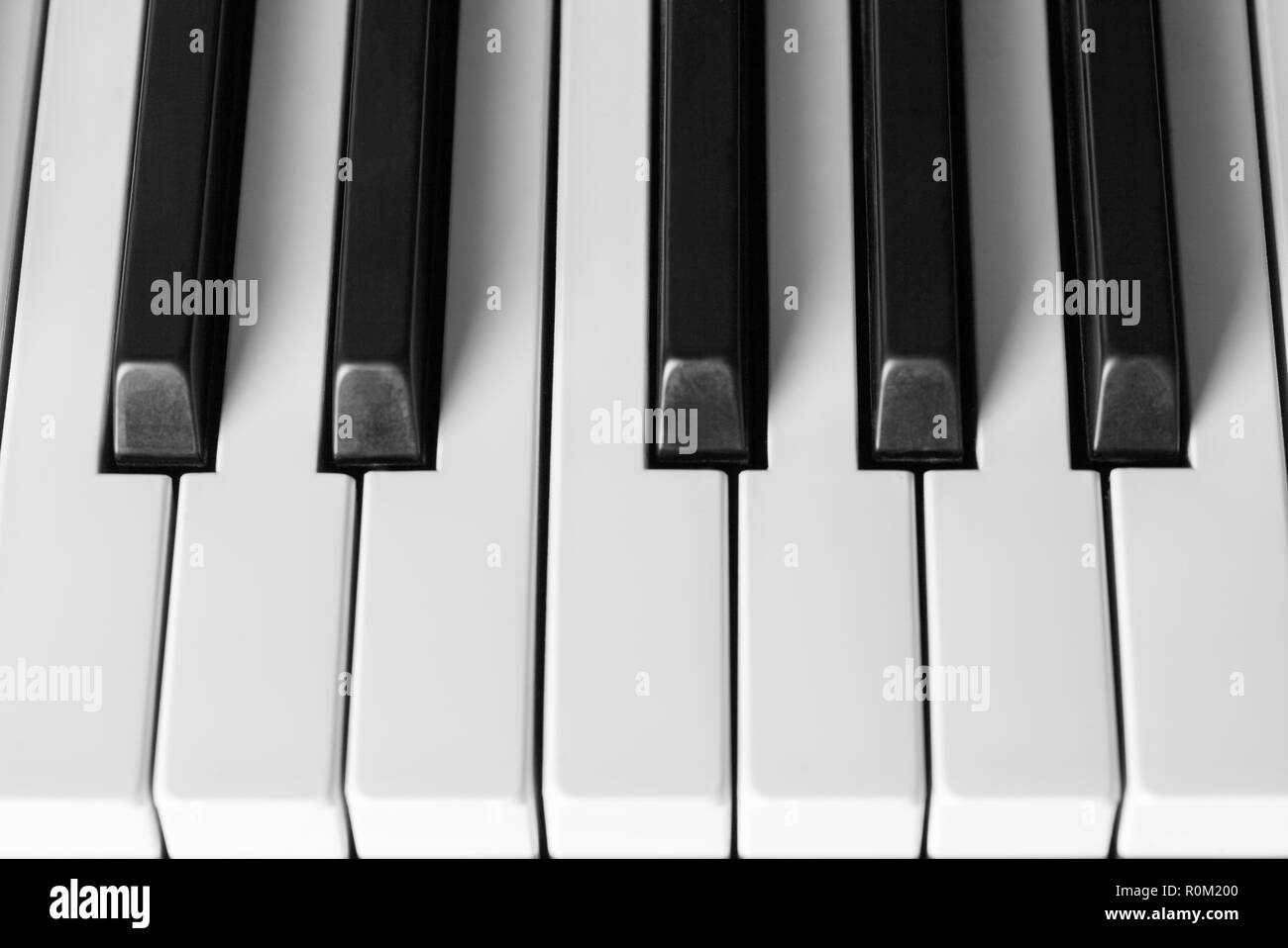 In bianco e nero di tasti di pianoforte Close Up vista frontale. Foto Stock