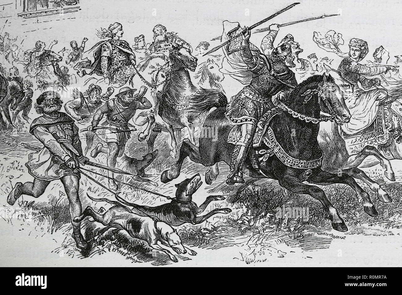 Periodo Carolingio. L'Europa. Festa di caccia. Incisione, Germania, 1882. Foto Stock