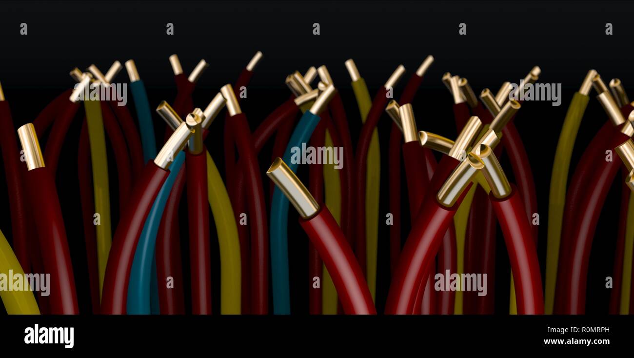 Un gruppo di cavi elettrici su sfondo nero - 3d rendering Foto Stock