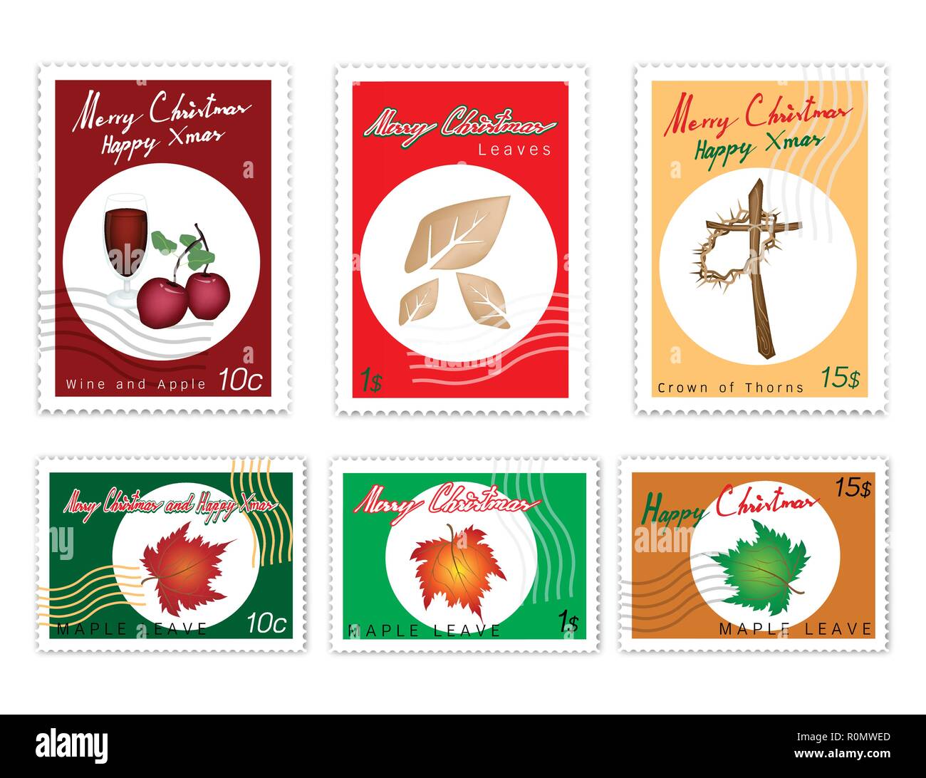 Merry Xmas, Francobolli Set di mano Bozzetto del Vento Rosso, Apple, foglie di acero, foglie secche, Croce di legno e la corona di spine segno per il Natale S Illustrazione Vettoriale