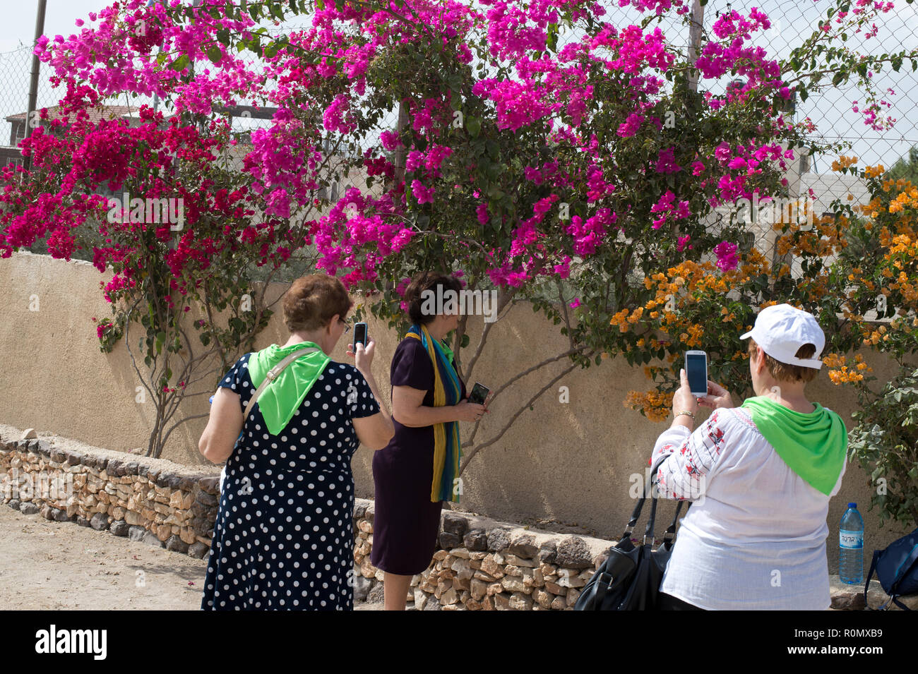 Gerusalemme. Tre turisti greci di scattare foto con i loro telefoni cellulari Foto Stock