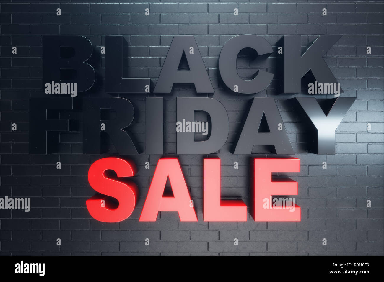 Venerdì nero, messaggio di vendita per il negozio, grande sconto. Venerdì nero banner su un muro di mattoni. Banner per il black friday sales. Grandi sconti e promozioni, coupo Foto Stock