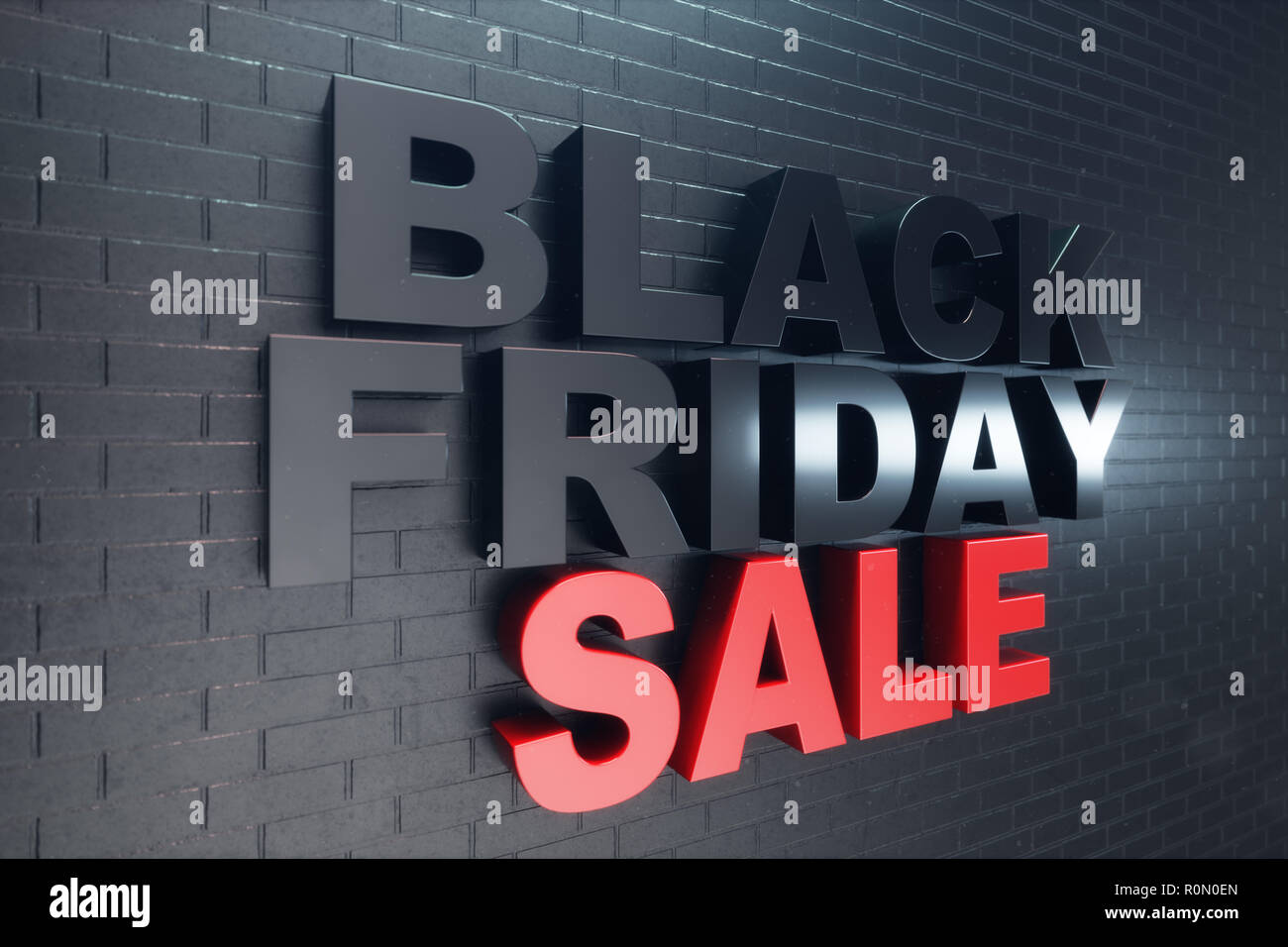 Venerdì nero, messaggio di vendita per il negozio, grande sconto. Venerdì nero banner su un muro di mattoni. Banner per il black friday sales. Grandi sconti e promozioni, coupo Foto Stock