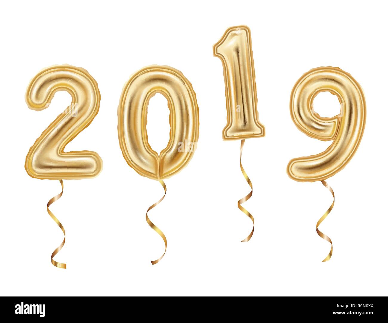 Realistico golden palloncini decorazione, 2019 felice anno nuovo Illustrazione Vettoriale