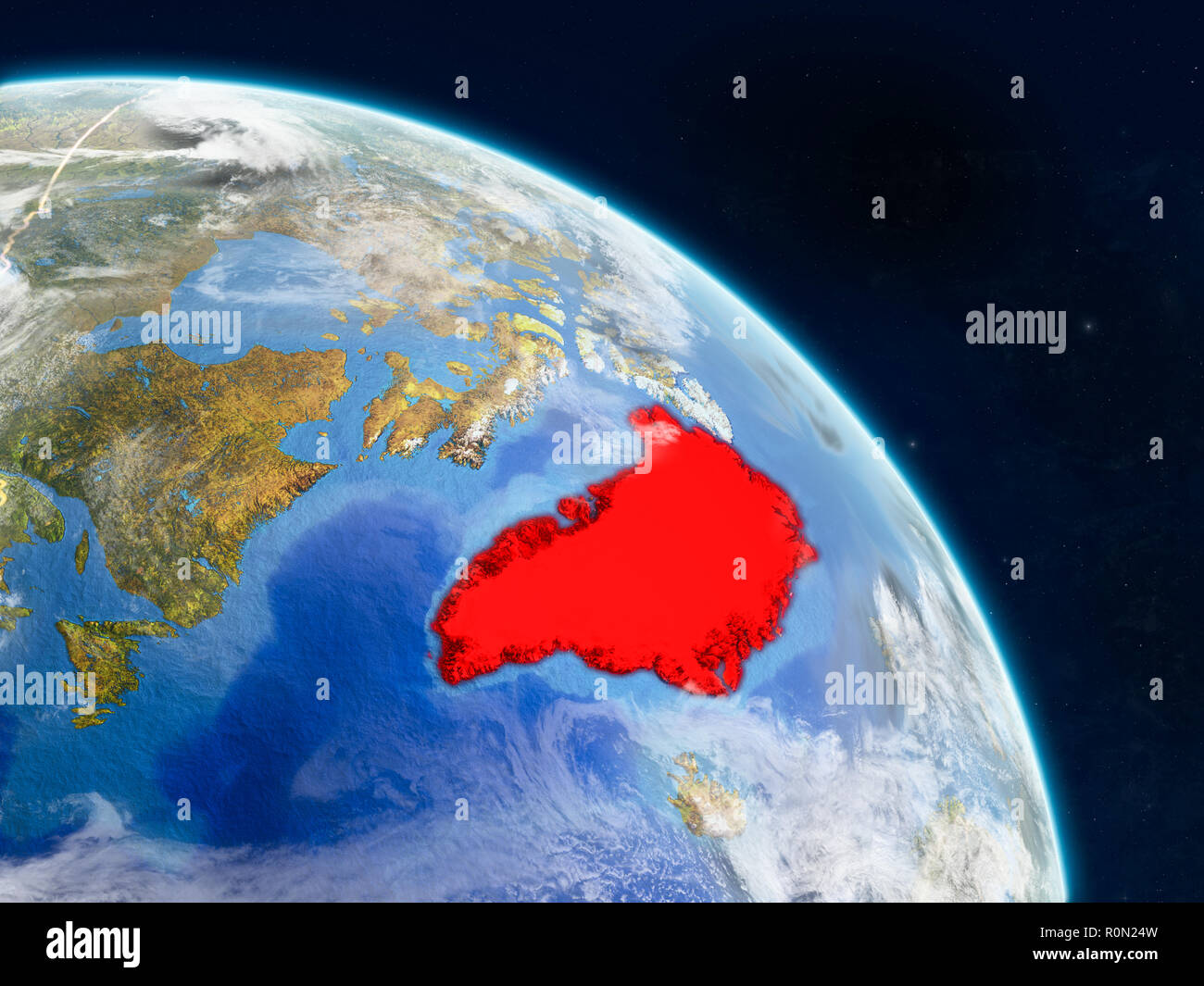 La Groenlandia dallo spazio sul modello realistico del pianeta Terra con i confini e dettagliata superficie planet e nuvole. 3D'illustrazione. Gli elementi di questo Foto Stock