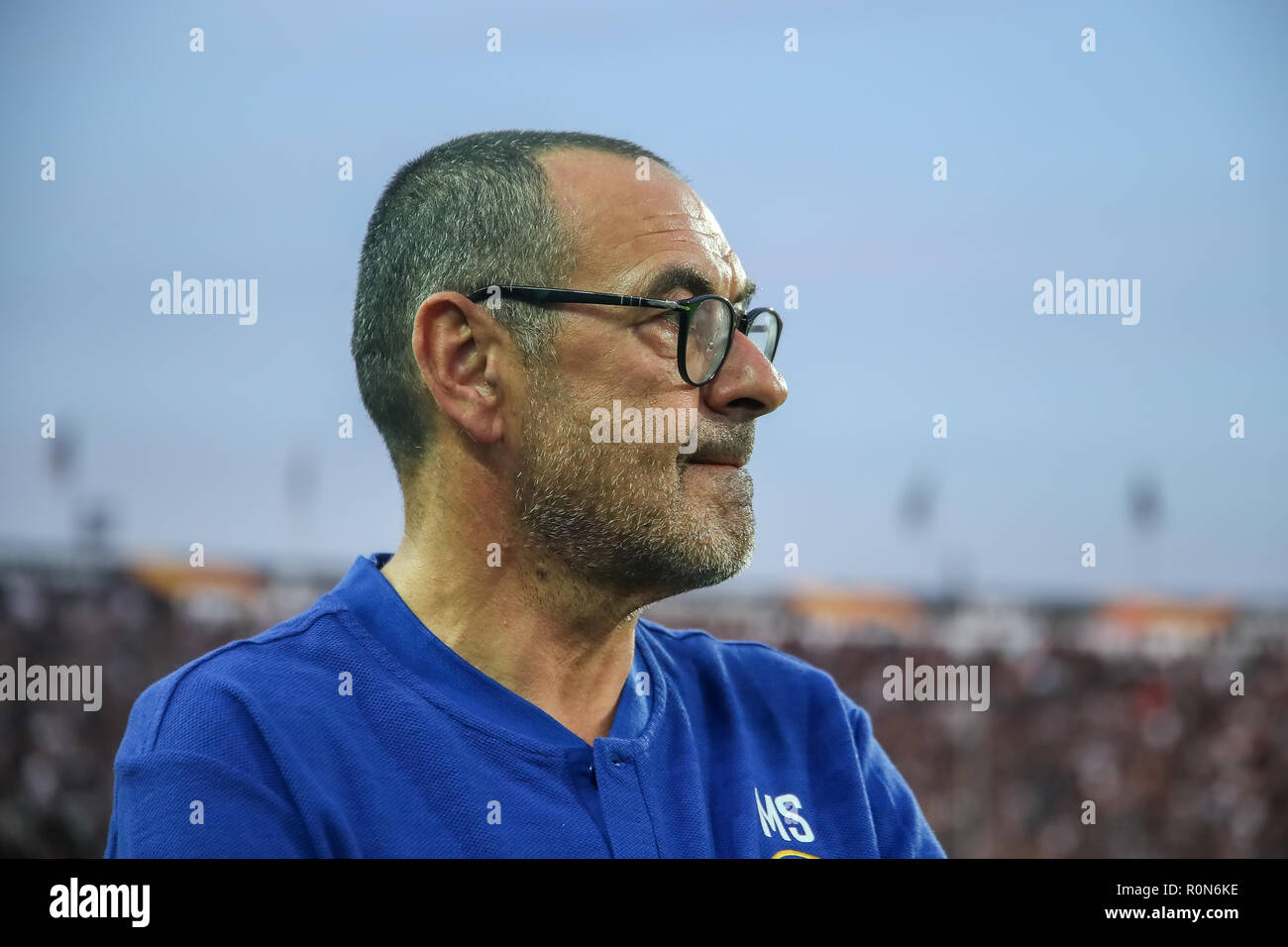 Salonicco, Grecia - 20 Settembre 2018: l'allenatore del Chelsea Maurizio Sarri durante la UEFA Europa League tra PAOK vs FC Chelsea ha giocato al Toumba St Foto Stock