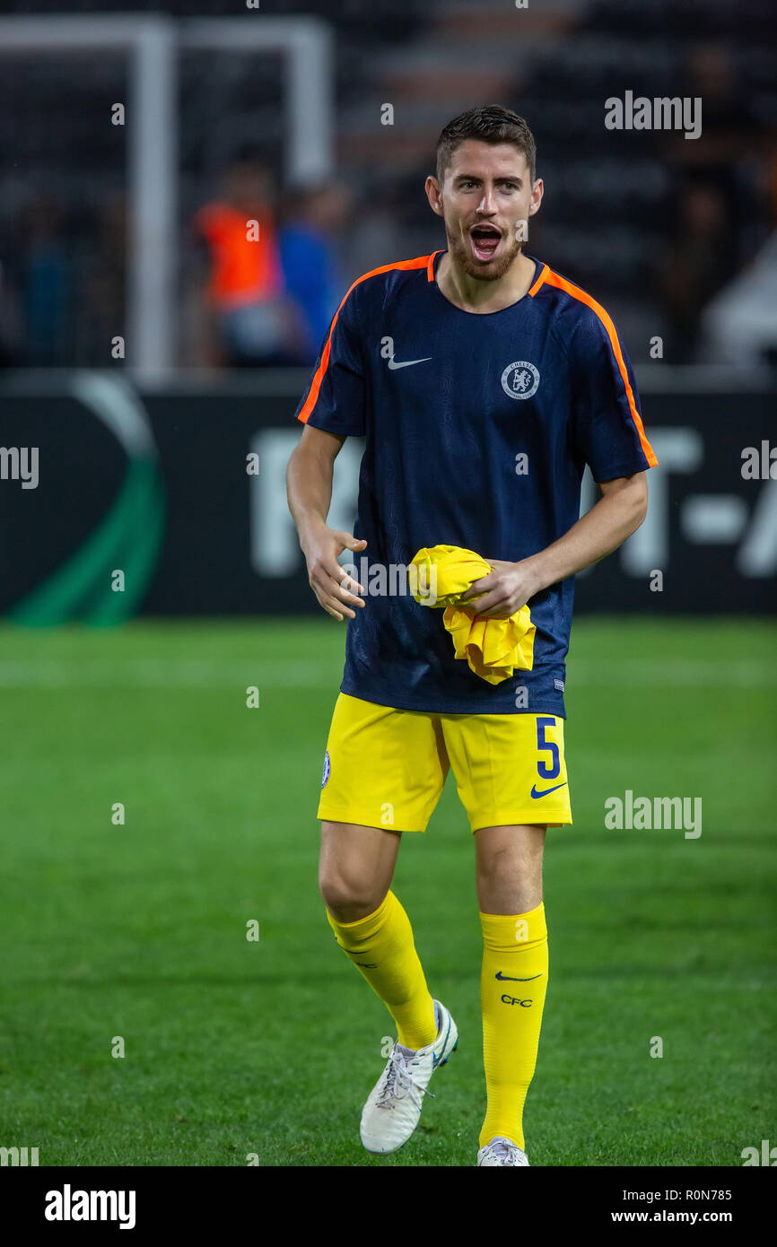 Salonicco, Grecia - 20 Settembre 2018: Il giocatore del Chelsea Jorginho (Jorge Luiz Frello Filho) in azione durante la UEFA Europa League tra PAOK vs FC Foto Stock