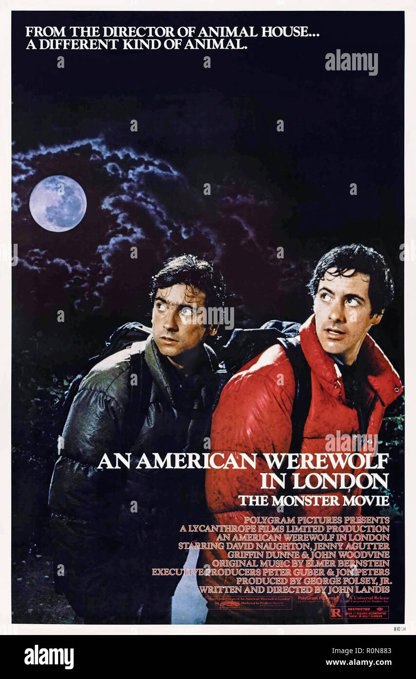 Un lupo mannaro americano a Londra (1981) diretto da John Landis e interpretato da David Naughton, Jenny Agutter e John Woodvine. Commedia Terrore circa uno studente americano morso da un lupo mannaro mentre passeggiate nello Yorkshire. Foto Stock Un lupo mannaro americano a Londra (1981) diretto da John Landis e interpretato da David Naughton, Jenny Agutter e John Woodvine. Commedia Terrore circa uno studente americano morso da un lupo mannaro mentre passeggiate nello Yorkshire. Foto Stock