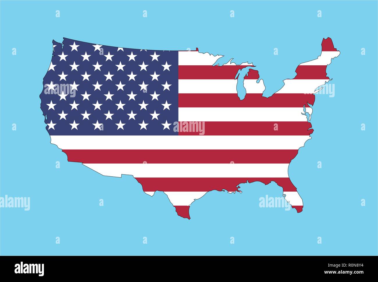 Stati Uniti d'America Map con bandiera degli Stati Uniti. Tutti gli oggetti, le ombre e lo sfondo sono in diversi strati. Illustrazione Vettoriale