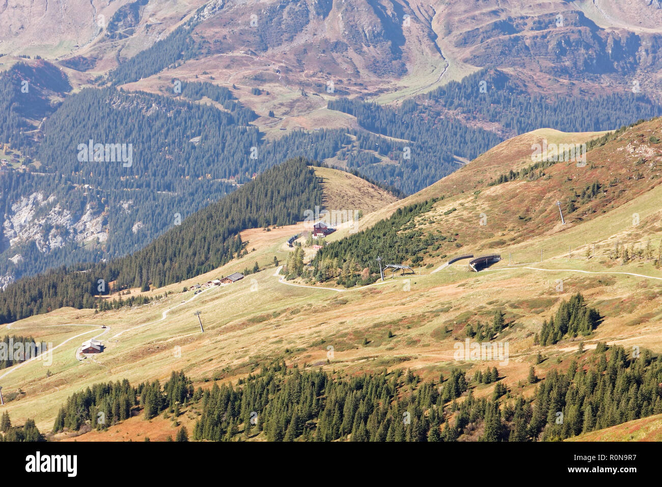 Il treno scendendo dalla Kleine Scheidegg verso la stazione di Wengernalp; vista da Fallbodensee (Fallboden lago) a Fallboden, regione di Jungfrau, Svizzera Foto Stock