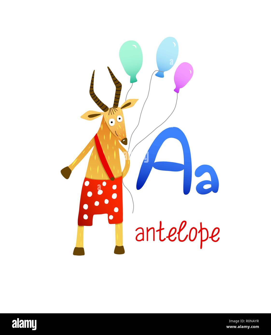 Carino lo zoo per bambini alfabeto una lettera il tracciamento di antilope per bambini imparare il vocabolario di inglese. Illustrazione Vettoriale Illustrazione Vettoriale