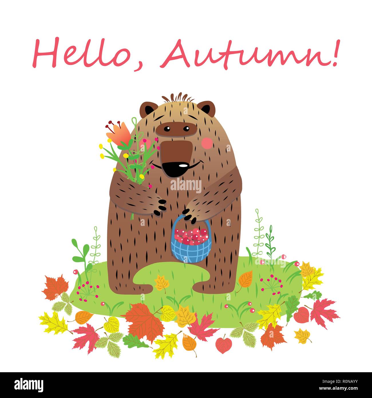 Ciao autunno carta con il personaggio dei cartoni animati orso con cesto di  frutti di bosco e bouquet di fiori tra caduto foglie di autunno,  illustrazione vettoriale, poster, b Immagine e Vettoriale -