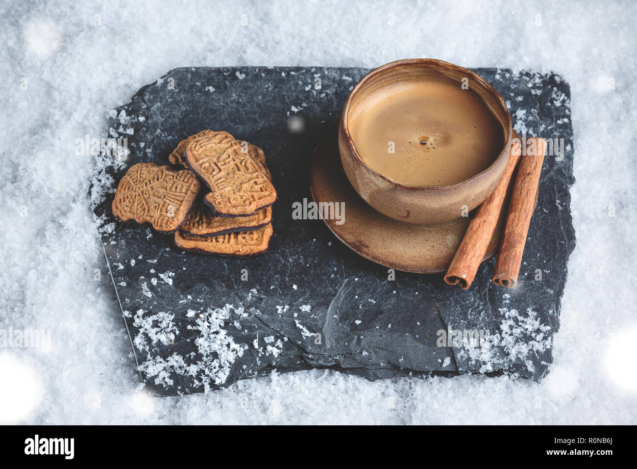 Tazzina con decorazione invernale e biscotti nella neve Foto Stock