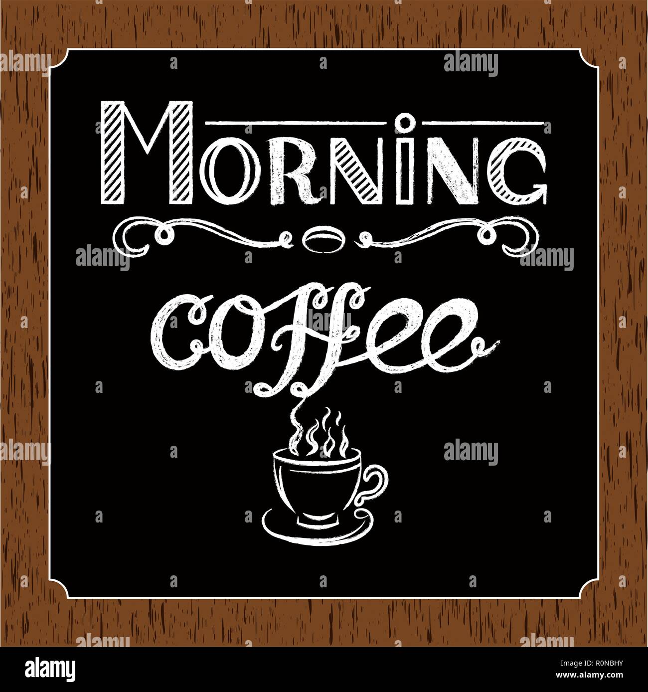 Disegnata a mano scritte 'mattina caffe' con effetto di carbone e la vista di una tazza di caffè sul nero e sfondo legno. Illustrazione Vettoriale