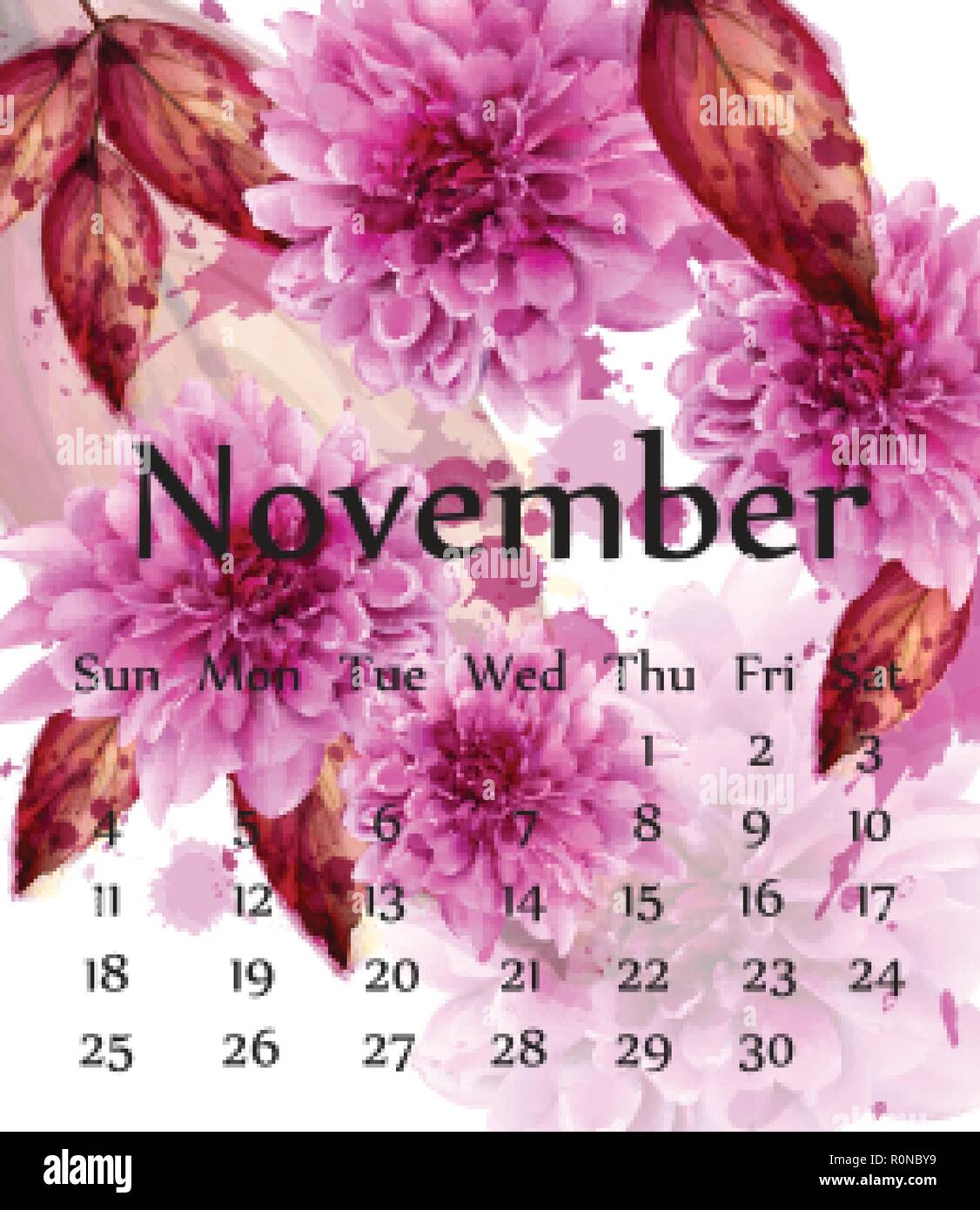 Autunno novembre calendario con rosa fiori a margherita vettore. Acquerello floreale decor di stile Illustrazione Vettoriale