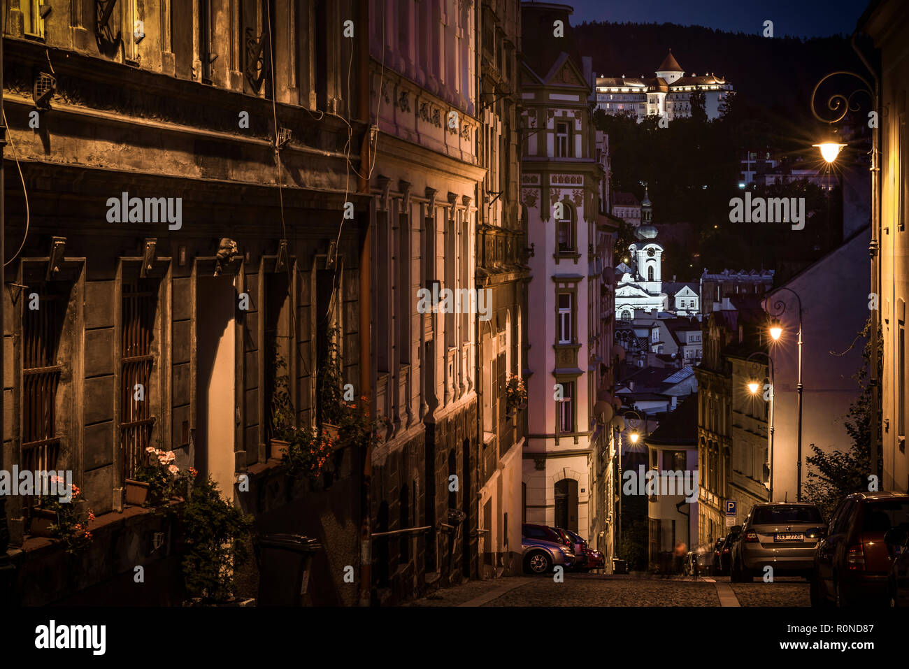 Karlovy Vary, Nachtansicht, Repubblica Ceca Foto Stock