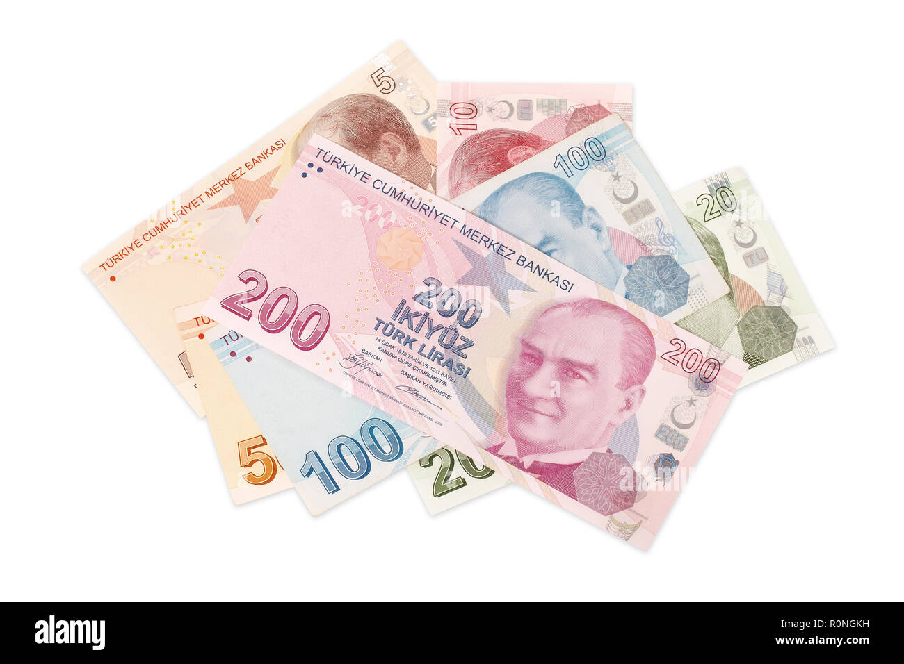 La lira turca tutte le banconote miscelati su bianco Foto Stock