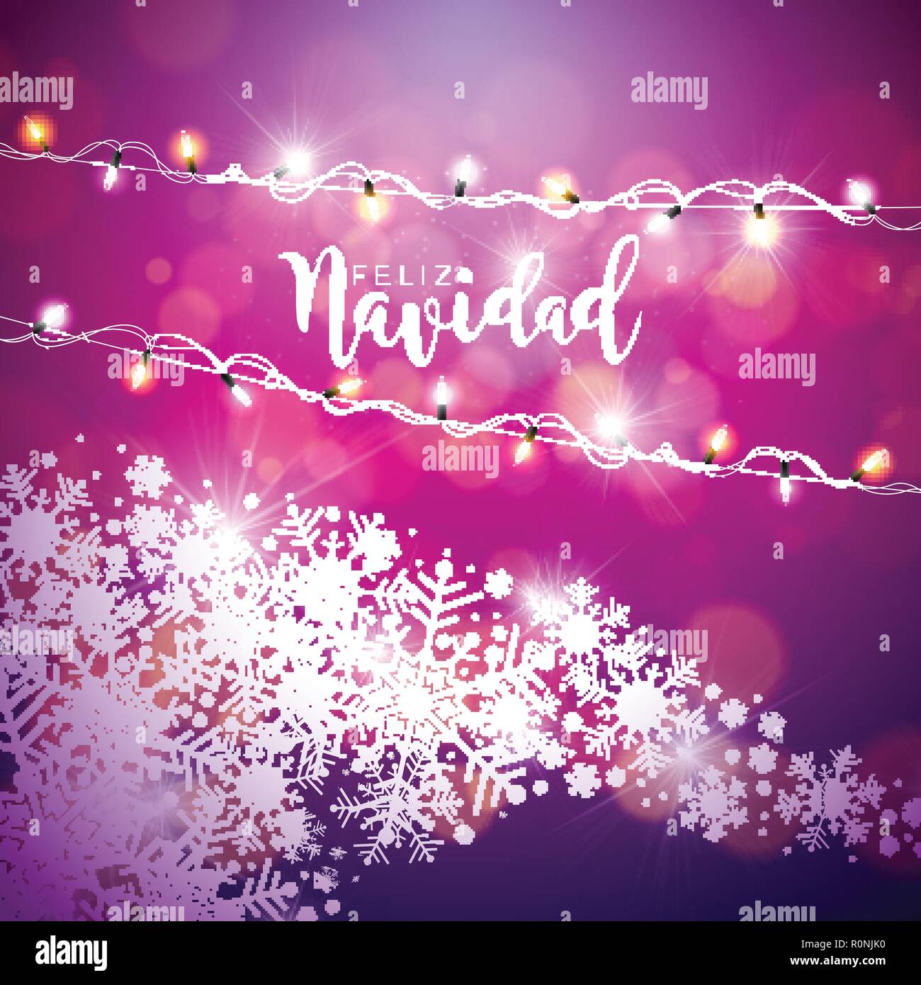 Frasi Auguri Di Natale In Spagnolo.Vettore Illustrazione Di Natale Con Lo Spagnolo Feliz Navidad Tipografia Su Sfondo Viola Vacanza Ghirlanda Luminosa E Fiocchi Di Neve Design Per Biglietto Di Auguri Invito Alla Festa O Banner Promozionali Immagine