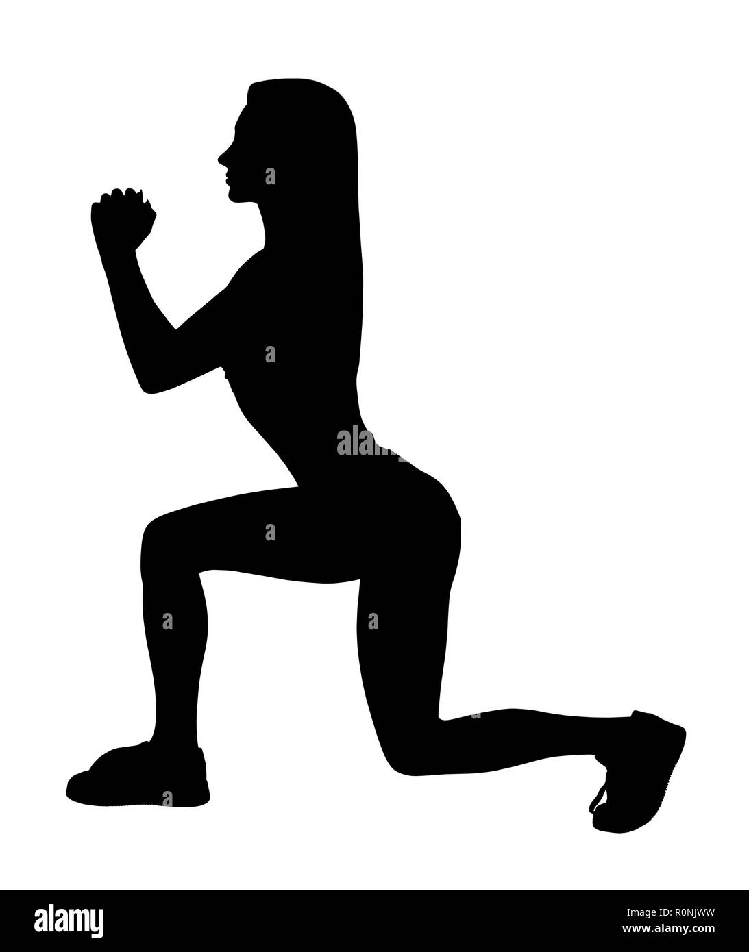 Black silhouette di donna sportivo mostra lunge per i muscoli glutei. Isolato su sfondo bianco. Foto Stock