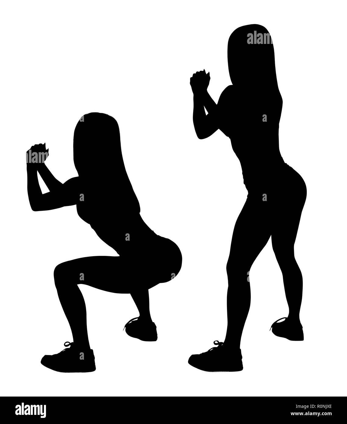 Silhouette nera di set di donna sportivo mostra squat passaggi per i muscoli glutei. Isolato su sfondo bianco. Foto Stock