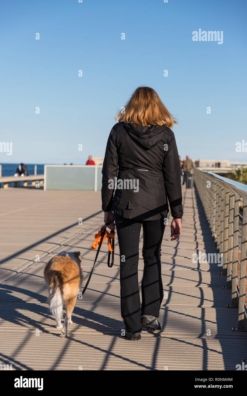 Una donna bionda a piedi dalla telecamera lungo una ringhiera con acqua blu in lontananza e una bionda Border Collie mix camminare con lei su un l Foto Stock