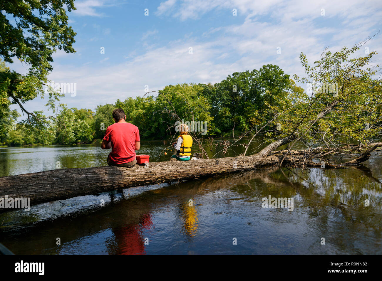 Padre e figlio seduti su un albero caduto la pesca in un fiume, Stati Uniti Foto Stock