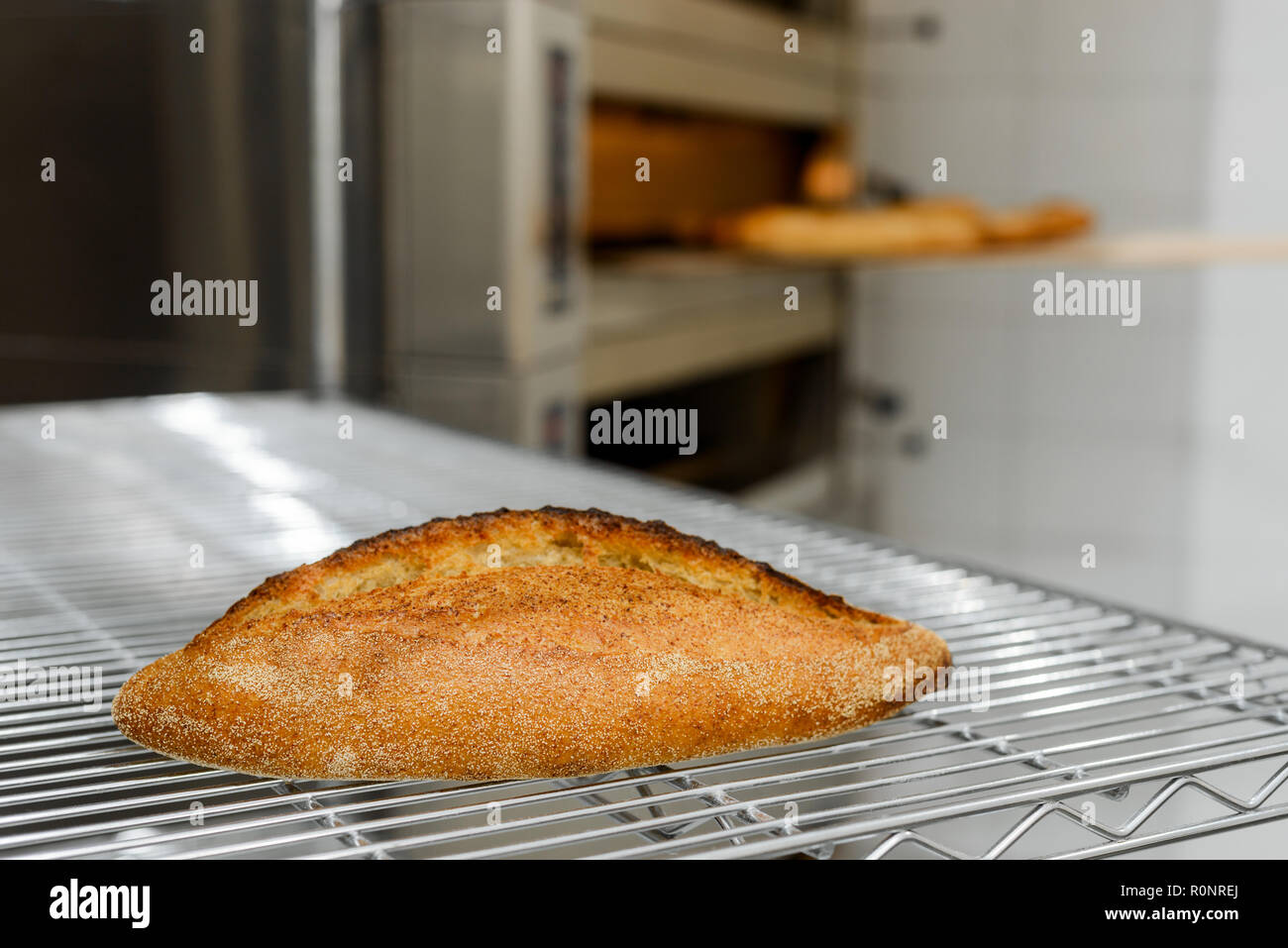 Pane caldo sulla griglia del forno Foto Stock
