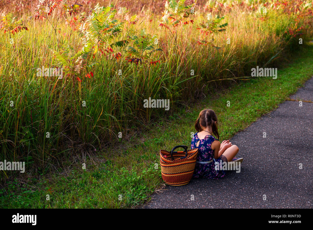 Ragazza seduta con le gambe incrociate da un campo con un cestello, Stati Uniti Foto Stock