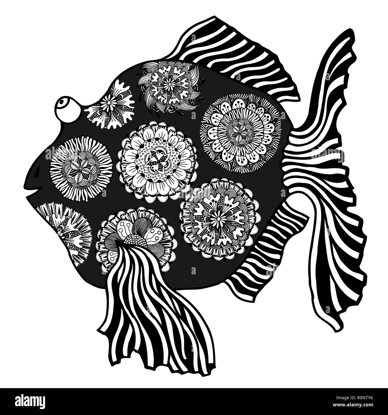 Disegnata a mano il pesce con elementi floreali in bianco e nero di stile. Illustrazione Vettoriale immagine Illustrazione Vettoriale