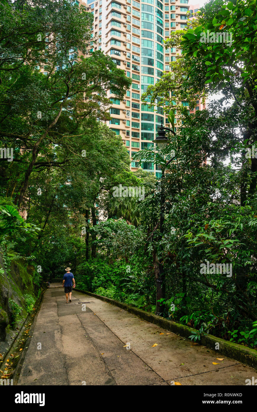 Uomo che cammina verso il basso vecchia strada di picco, Hong Kong, Cina Foto Stock