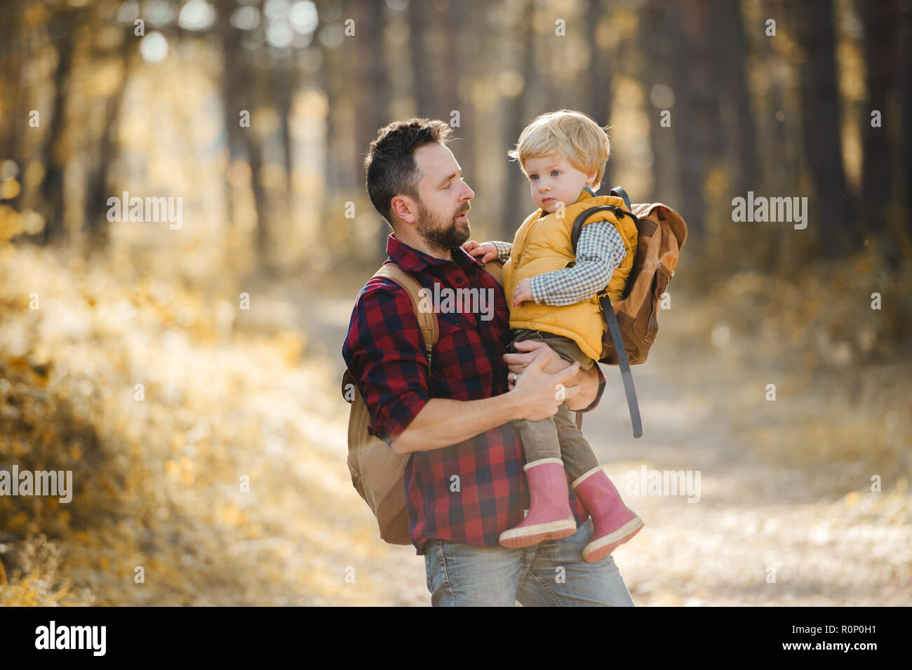 Un maturo padre tenendo un bimbo piccolo figlio in una foresta autunnale, parlando. Foto Stock
