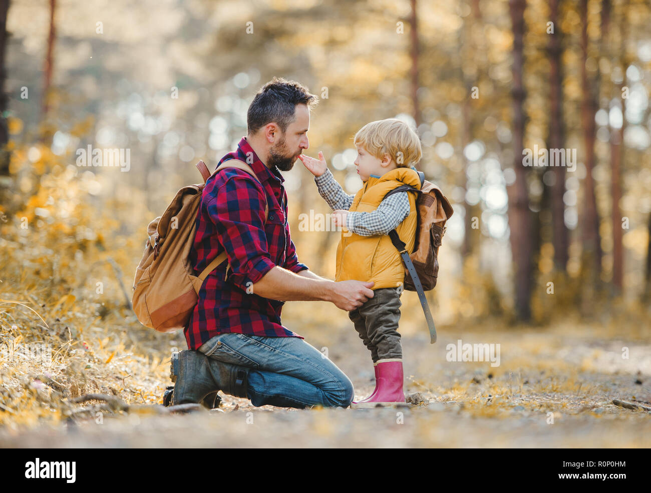Un maturo padre con zaino e bimbo piccolo figlio in un bosco d'autunno. Foto Stock