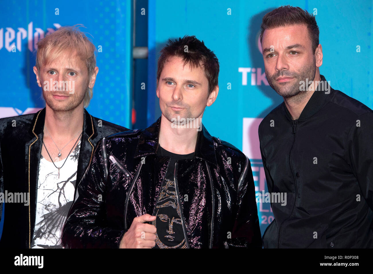 Dominic Howard, Matt Bellamy e Chris Wolstenholme di Muse frequentando Mtv European Music Awards 2018 al Bizkaia Arena il 4 novembre; 2018 a Bilbao, Spagna. Foto Stock